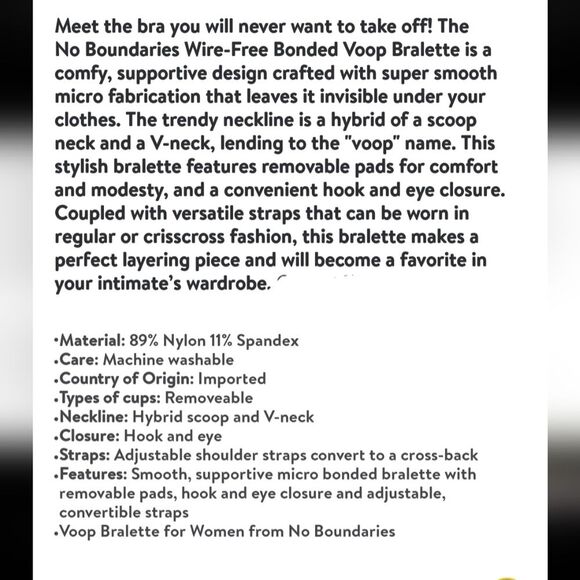 No Boundaries Junior's Wire-Free Bonded Voop Bralette, Size S - Picture 10 of 10